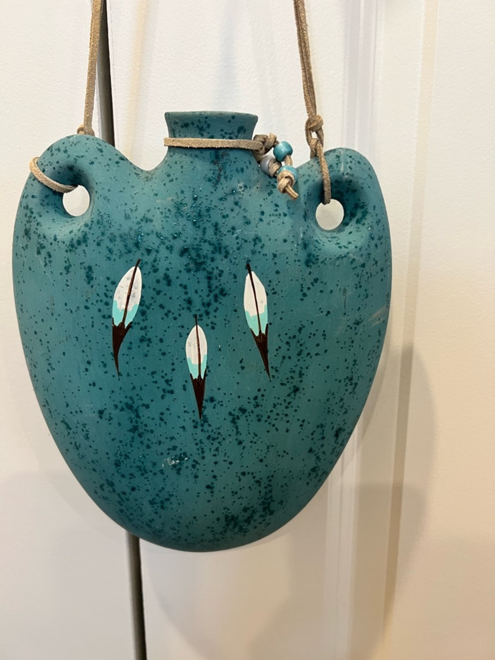 VTG Native American Handcrafted Teal Ceramic Hanging Vase -